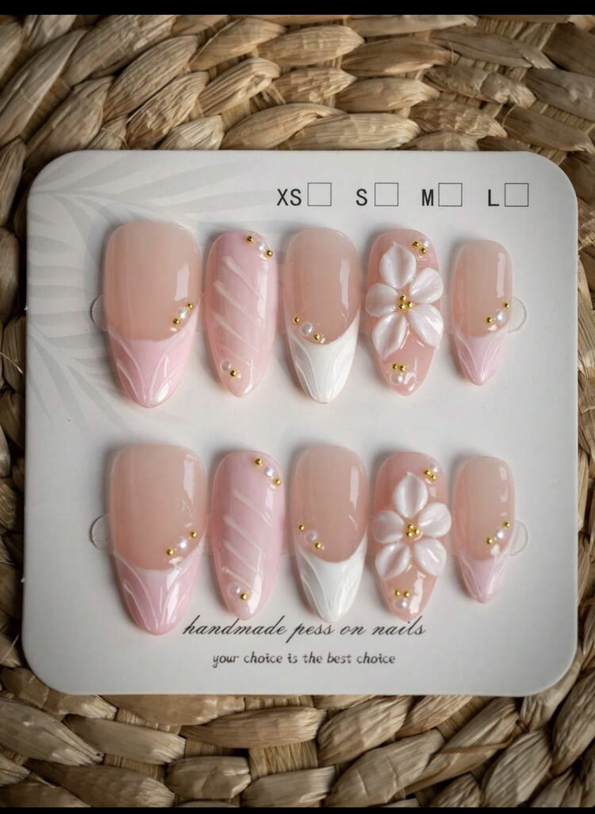 Nail Art Wedding - เล็บปลอมรูปทรงอัลมอนด์ 10 ชิ้น ทำด้วยมือ โทนสีชมพูนู้ดอ่อนหวาน สไตล์ฝรั่งเศส