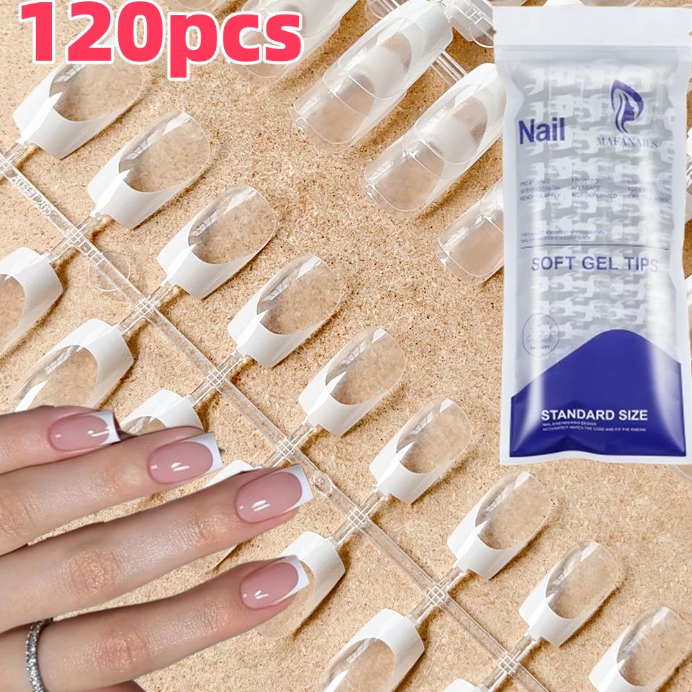 Nail Art Wedding - เล็บปลอมแบบกดติด 120 ชิ้น/ถุง แบบใสทรงฝรั่งเศส ทรงบัลเลต์สั้น เจลนิ่ม