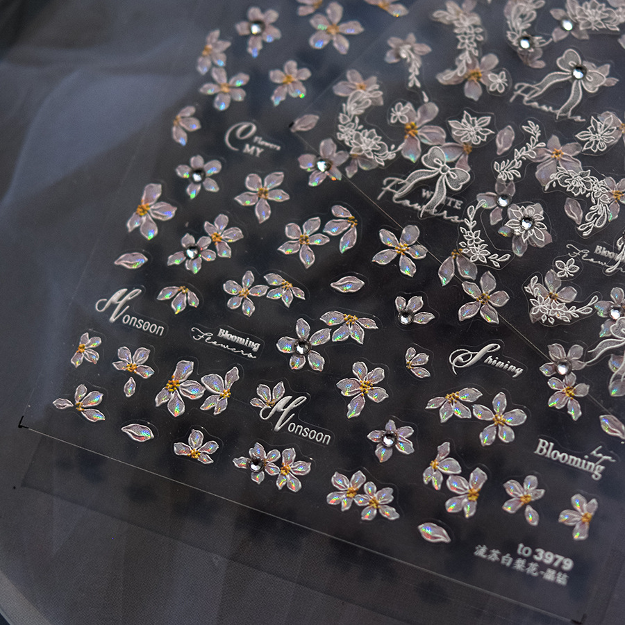 Nail Art Elegant - สติกเกอร์ตกแต่งเล็บลายดอกไม้หรูหรา 5D คริสตัลเพชร ประดับเล็บ ลายพู่สีขาว ลายดอกแพร์