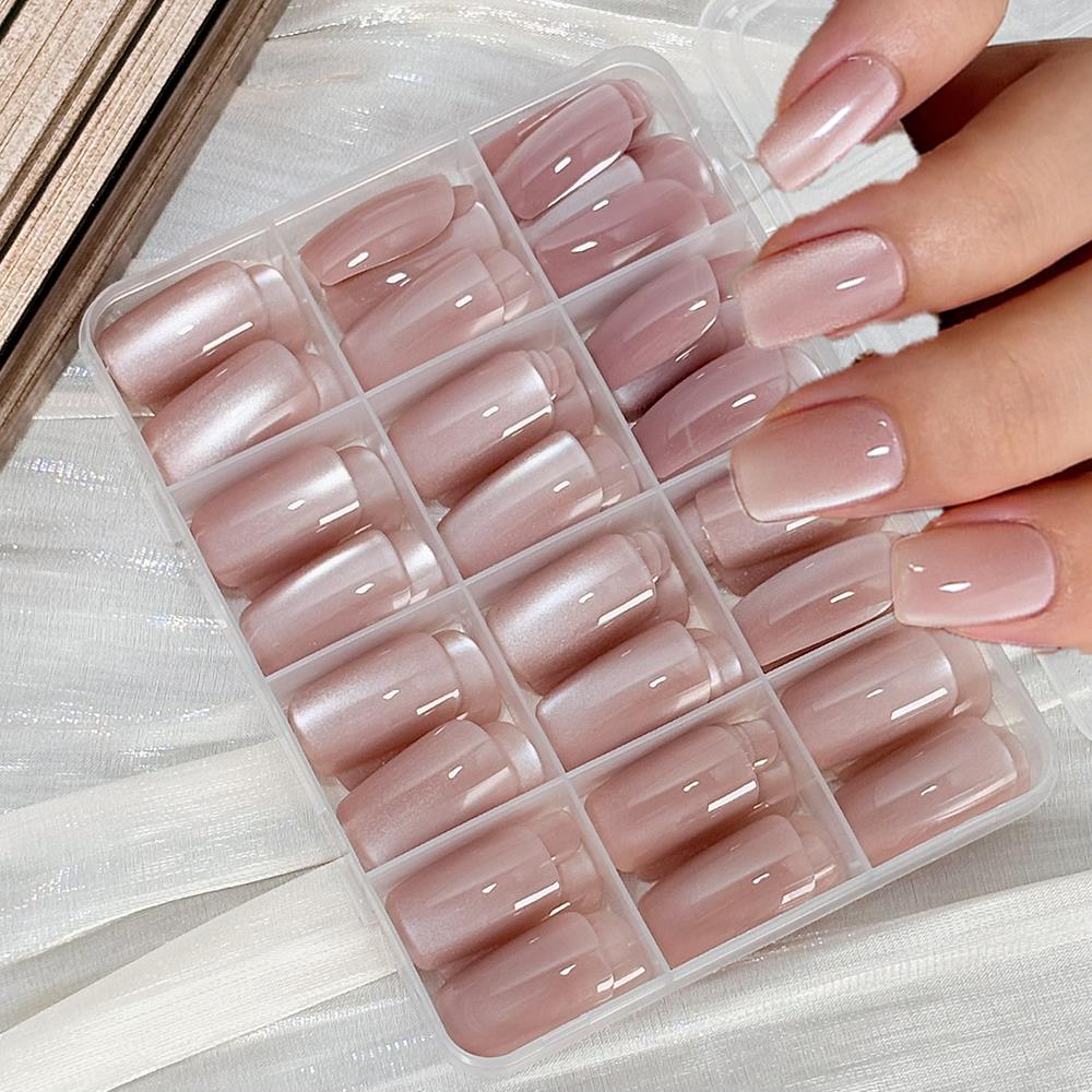 Nail Art Wedding - เล็บปลอมแบบกดติด 144 ชิ้น สีชมพูนู้ดเงา ลายตาแมว ทรงเหลี่ยมมน