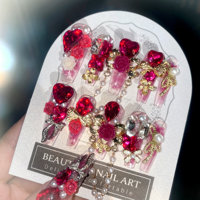 Nail Art Wedding - 24 ชิ้นใหม่ปี Heavy โลหะกดบนเล็บจีนเจ้าสาวงานแต่งงานเล็บปลอมเต็มรูปแบบสวมใส่เงาคริสตัลขนาดใหญ่เล็บปลอม