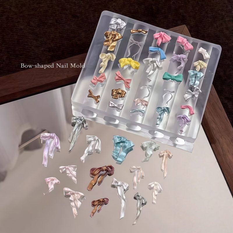 Nail Art Elegant - แม่พิมพ์เพ้นท์เล็บพร้อมโบว์ริบบิ้น, โบว์ริบบิ้นสวยหรู, เครื่องประดับสามมิติ, แม่พิมพ์เพ้นท์เล็บซิลิโคน