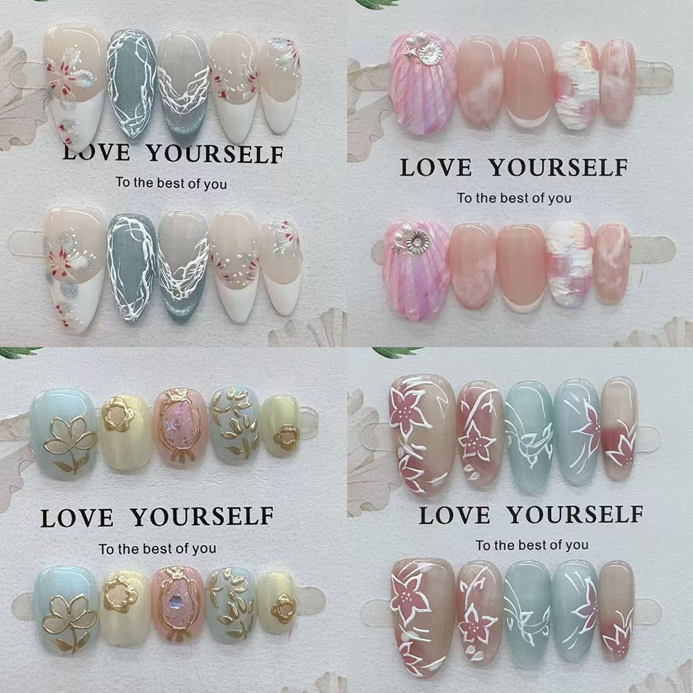 Nail Art Elegant - เล็บปลอมลายดอกไม้แบบวาดด้วยมือ ดีไซน์อ่อนโยน หรูหรา ประดับดาว เพชร ไข่มุก