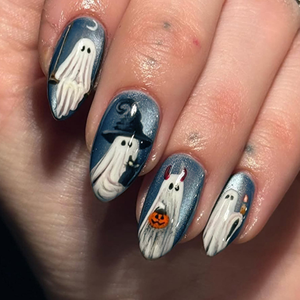 Nail Art Jelly - เล็บปลอมลายฮาโลวีน 24 ชิ้น ลายแมวตาโต ทรงอัลมอนด์ น่ารัก