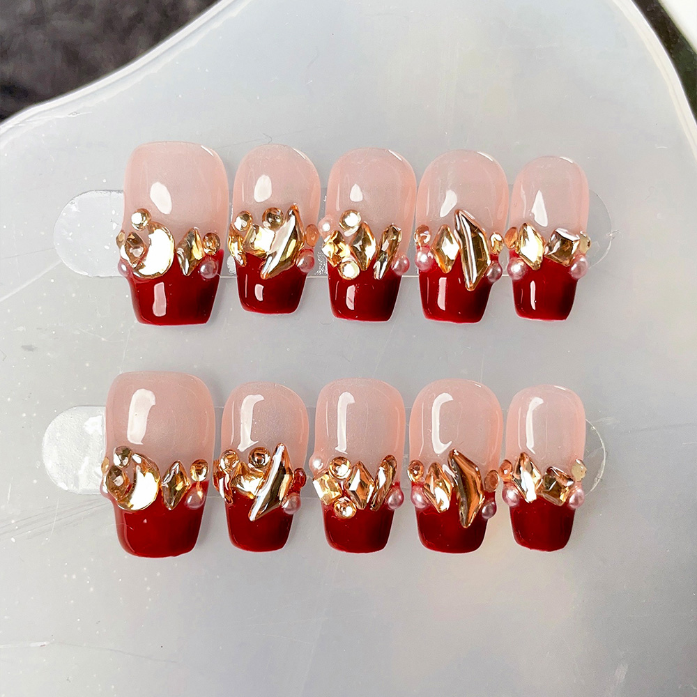 Nail Art Elegant - ชุดเล็บปลอมแบบกดติด 10 ชิ้น รูปทรงสี่เหลี่ยมคางหมู สีแดงไวน์ งานแฮนด์เมด