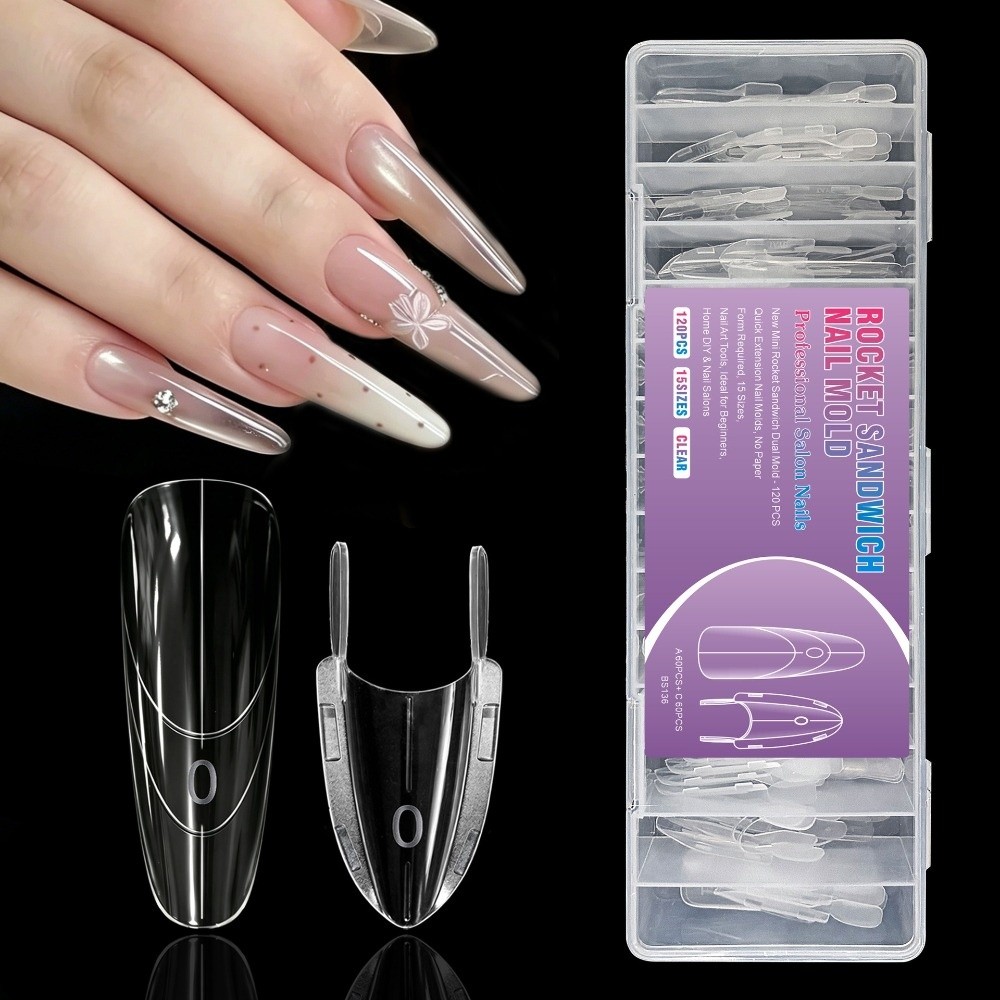 Nail Art Y2K - 120 ชิ้น แม่พิมพ์เล็บรูปทรงจรวดแบบคู่ ใส สำหรับทำเล็บ DIY