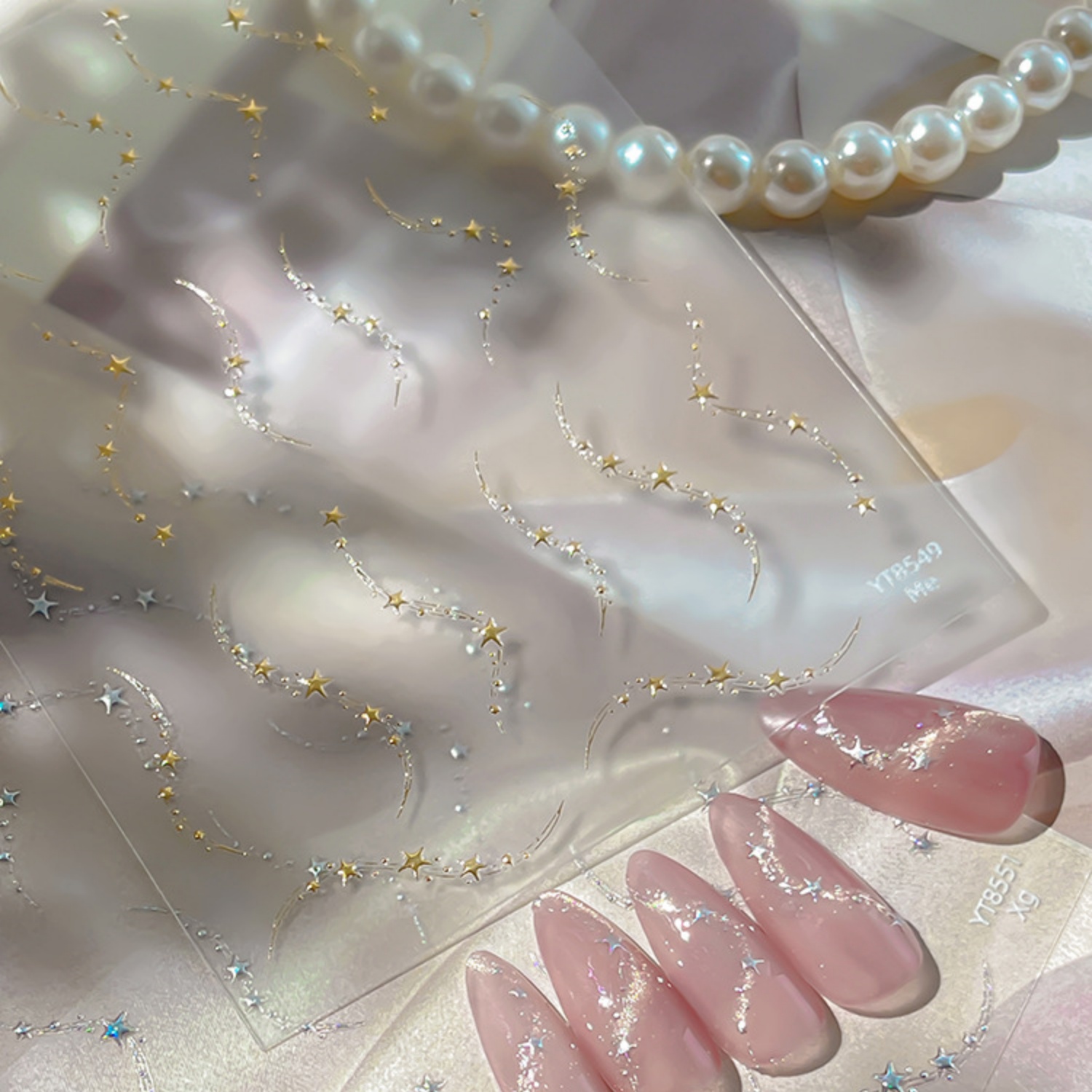 Nail Art Elegant - สติกเกอร์ติดเล็บลายฝรั่งเศส 5 มิติ สวยหรู ลายดาวโค้งสีทอง ประดับด้วยลายดาวตก