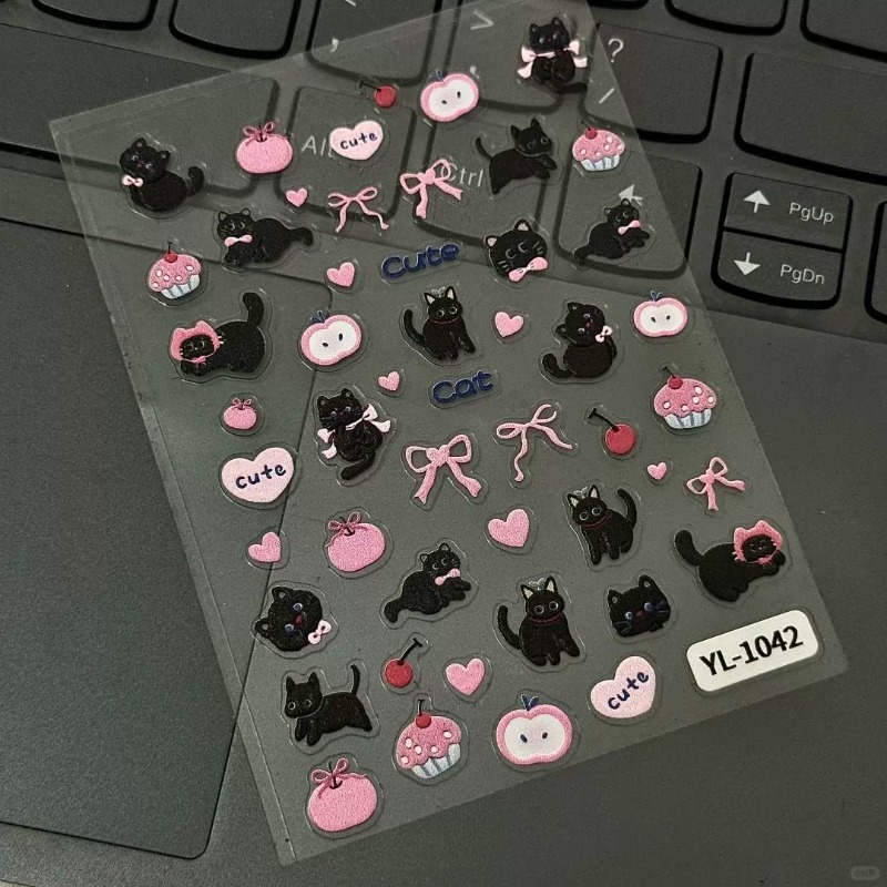 Nail Art Jelly - สติกเกอร์นูน 3 มิติ ลายแมวดำน่ารัก พร้อมโบว์การ์ตูน สำหรับตกแต่งเล็บ