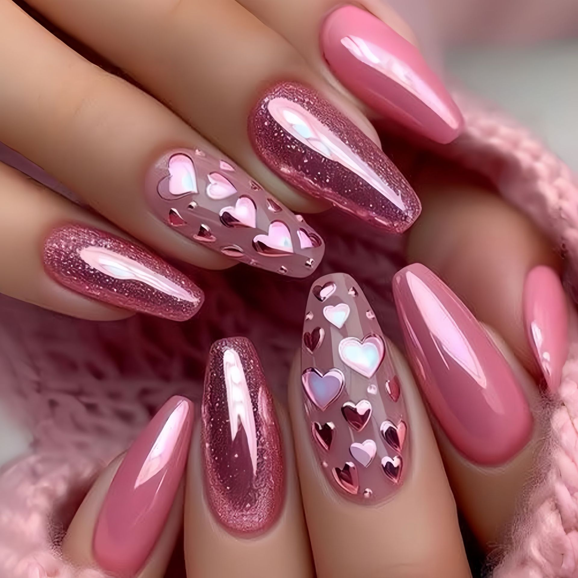 Nail Art Wedding - เล็บปลอมขนาดกลาง-ยาว ลายหัวใจสีชมพู-ฟ้า สำหรับงานแต่งงาน วันวาเลนไทน์ ปาร์ตี้ ทรงบัลเลต์