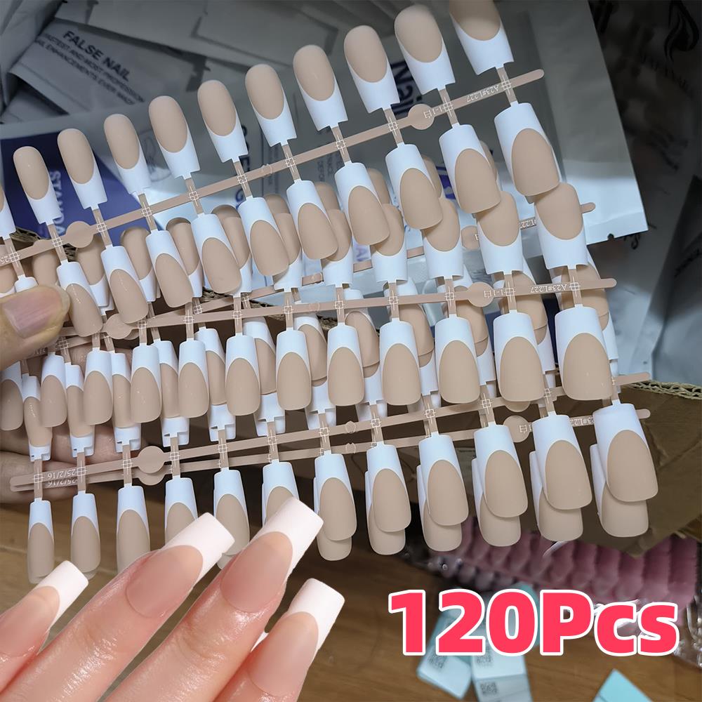 Nail Art Wedding - เล็บปลอมแบบฝรั่งเศสสีนู้ด 120 ชิ้น ขนาดกลาง ทรงโลงศพ ติดง่าย
