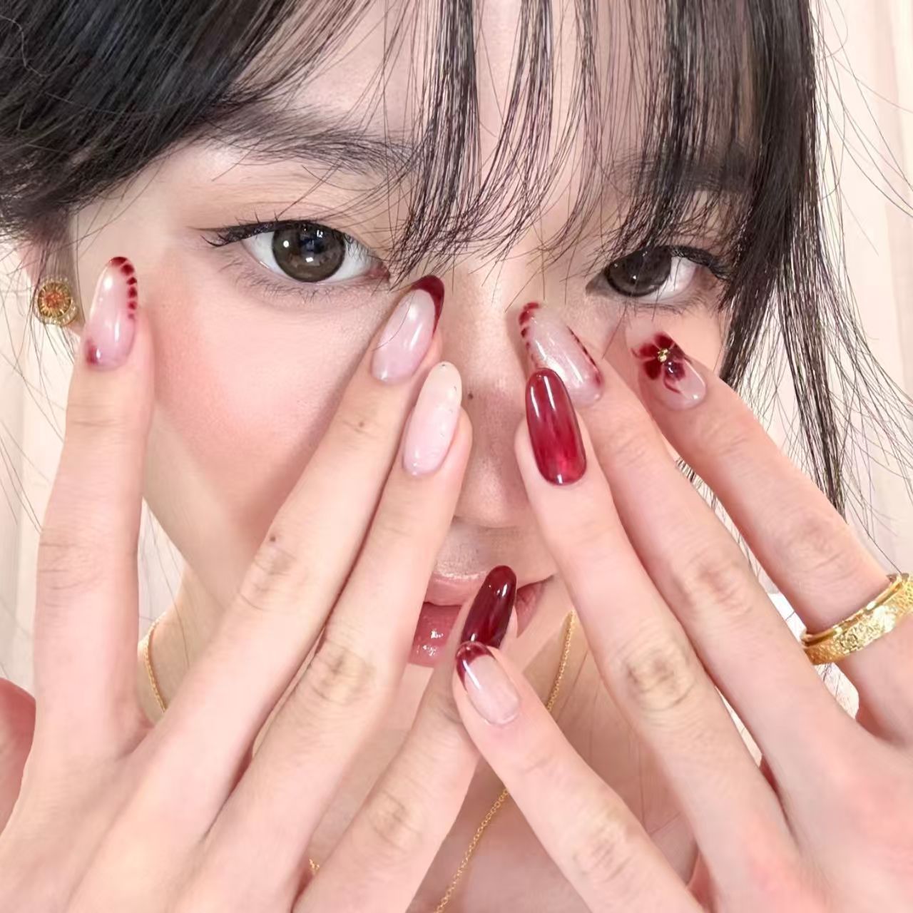 เล็บปลอมแบบกดติด 10 ชิ้น ทำมือ - Nail Art Red Wine Cat Eye บทวิจารณ์และราคา