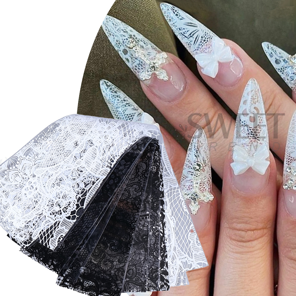 ฟอยล์ลายลูกไม้สีดำขาว 1 แพ็ค ส - Nail Art Elegant บทวิจารณ์และราคา