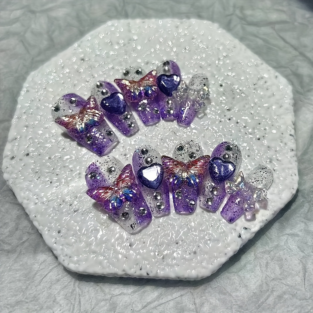 10 ชิ้นสีม่วงแฟนตาซีผีเสื้อเล็ - Nail Art Y2K บทวิจารณ์และราคา