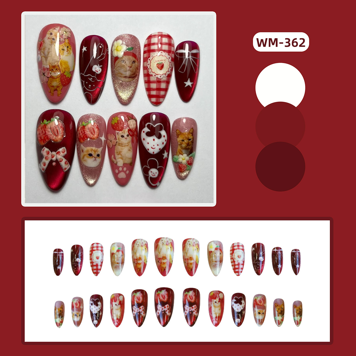 เล็บปลอมลายแมวสตรอว์เบอร์รี่ 2 - Nail Art Y2K บทวิจารณ์และราคา